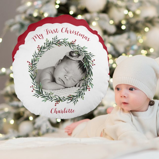 Baby's eerste Kerstmis, foto met naam Rond Kussen (Baby's First Christmas, Photo With Name Round Pillow)