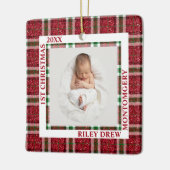 Baby's Eerste Kerstmis Foto Plaid Keramisch Ornament (Links)