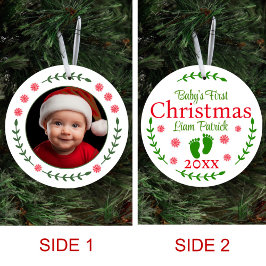 Babys Eerste Kerstmis Foto Rode Sneeuwvlok & Laure Keramisch Ornament