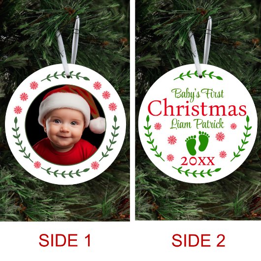 Babys Eerste Kerstmis Foto Rode Sneeuwvlok & Laure Keramisch Ornament