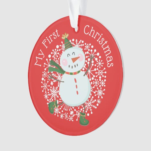 Baby's Eerste Kerstmis Foto Sneeuwman Sneeuwvlokke Ornament (voorkant)