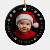 Babys Eerste Kerstmis Foto Sneeuwvlokken & Laurel Keramisch Ornament (Voorkant)