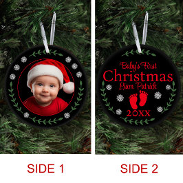 Babys Eerste Kerstmis Foto Sneeuwvlokken & Laurel Keramisch Ornament