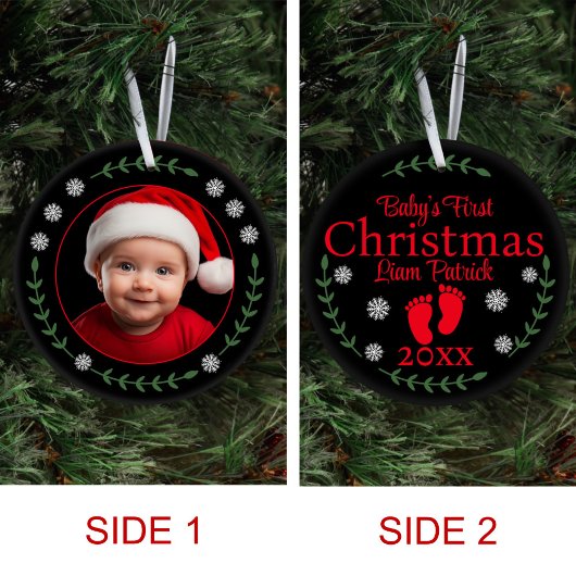 Babys Eerste Kerstmis Foto Sneeuwvlokken & Laurel Keramisch Ornament