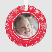 Baby's Eerste Kerstmis Foto Sneeuwvlokken Rood Ornament (achterkant)