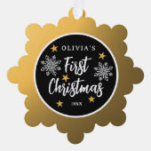 Babys Eerste Kerstmis foto Zwart en Goud Ornament Kaart (Voorkant)