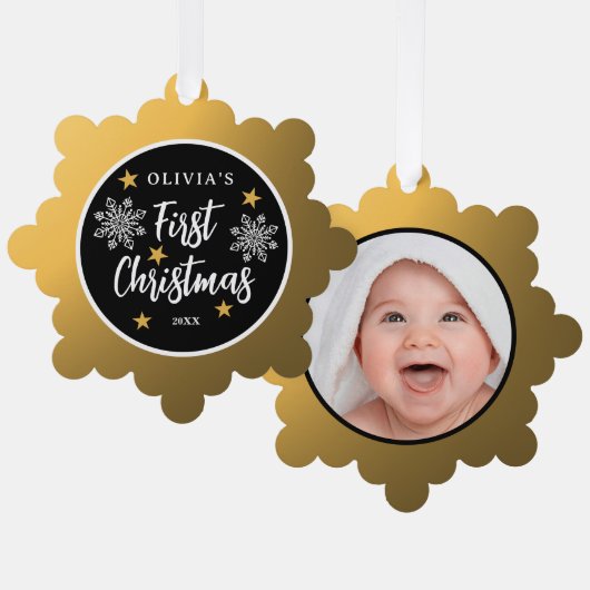 Babys Eerste Kerstmis foto Zwart en Goud Ornament Kaart (Voorkant / Achterkant)