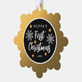 Babys Eerste Kerstmis foto Zwart en Goud Ornament Kaart (Links)