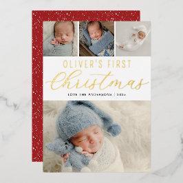 Babys Eerste Kerstmis Fotocollage Goud Folie Feestdagenkaart