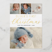 Babys Eerste Kerstmis Fotocollage Goud Folie Feestdagenkaart (Voorkant)