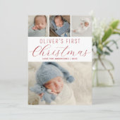 Babys Eerste Kerstmis Fotocollage Rood Feestdagenkaart (Staand voorkant)