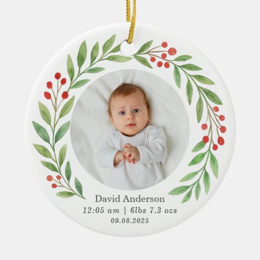 Baby's Eerste Kerstmis Geboorte Statistieken Foto Keramisch Ornament (Voorkant)