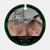 Baby's Eerste Kerstmis Geboorte Stats Groen Plaid Metalen Ornament (Voorkant)