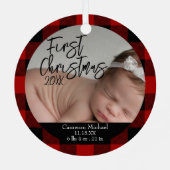 Baby's Eerste Kerstmis Geboorte Stats Rood Plaid Metalen Ornament (Achterkant)