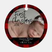 Baby's Eerste Kerstmis Geboorte Stats Rood Plaid Metalen Ornament (Voorkant)