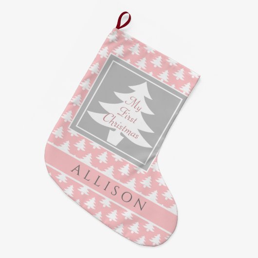 Baby's Eerste Kerstmis Gepersonaliseerd Roze Wit Grote Kerstsok (Voorkant (Hangend))