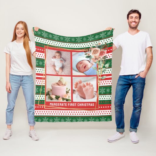 Baby's Eerste Kerstmis Gepersonaliseerde 4 Foto Fleece Deken (In situ)