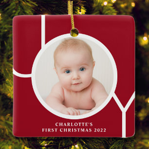 Baby's Eerste Kerstmis Gepersonaliseerde Rode Foto Keramisch Ornament