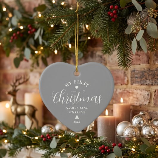 Baby's Eerste Kerstmis Grijs Aangepaste Naam Aande Keramisch Ornament