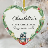 Baby's Eerste Kerstmis - Hart & Pinguïn Foto Keramisch Ornament