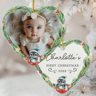 Baby's Eerste Kerstmis - Hart & Pinguïn Foto Keramisch Ornament
