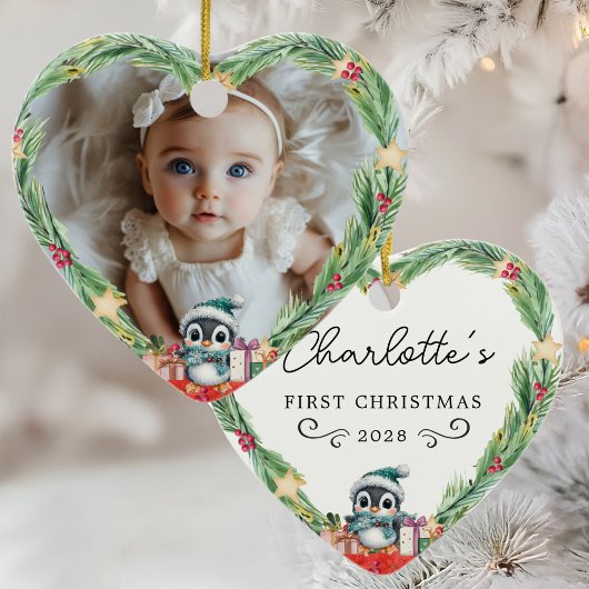 Baby's Eerste Kerstmis - Hart & Pinguïn Foto Keramisch Ornament