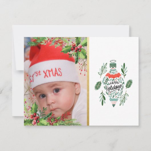 Baby's Eerste Kerstmis, Hulstbessen, Kerstbal Feestdagenkaart (Voorkant)