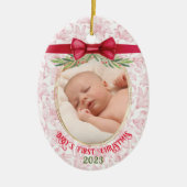 Baby's Eerste Kerstmis Ik Roze Rood Meisje Naam Fo Keramisch Ornament (Voorkant)