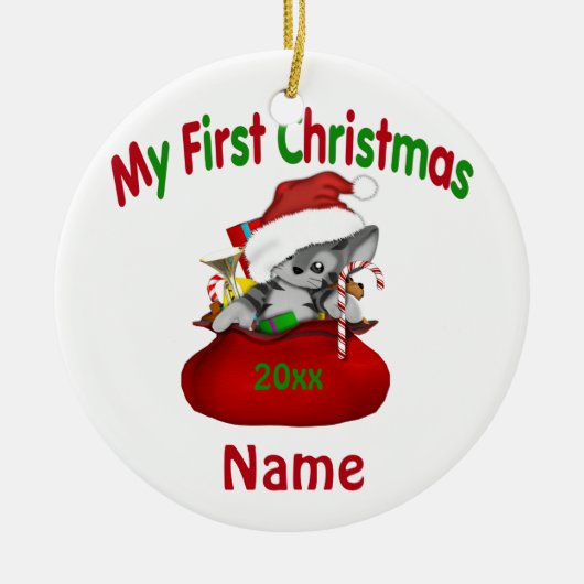 Babys Eerste Kerstmis Kat, speciaal gepersonalisee Keramisch Ornament (Voorkant)