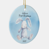 Baby's Eerste Kerstmis Konijn Blauw Gepersonalisee Keramisch Ornament (Rechts)