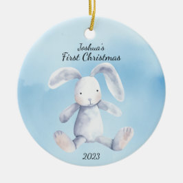 Baby's Eerste Kerstmis Konijn Blauw Gepersonalisee Keramisch Ornament