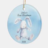 Baby's Eerste Kerstmis Konijn Blauw Gepersonalisee Keramisch Ornament (Links)
