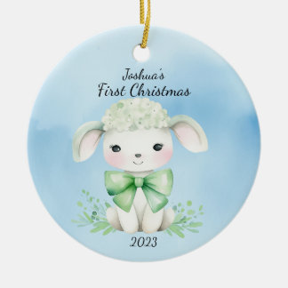 Baby's Eerste Kerstmis Lam Blauw Gepersonaliseerd Keramisch Ornament