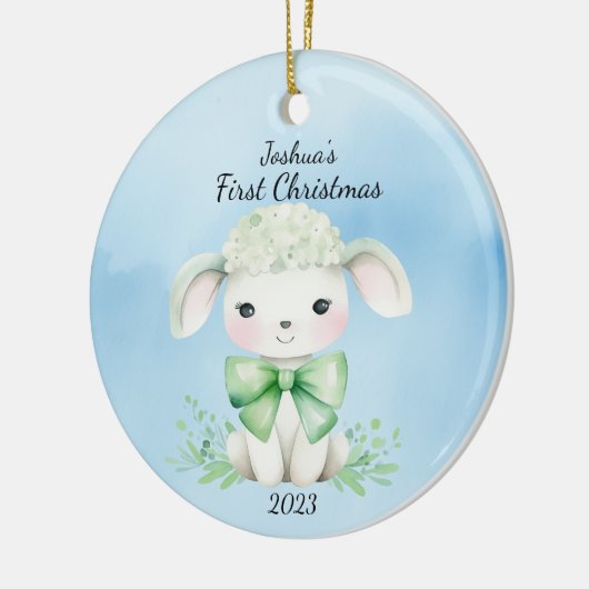 Baby's Eerste Kerstmis Lam Blauw Gepersonaliseerd Keramisch Ornament (Links)