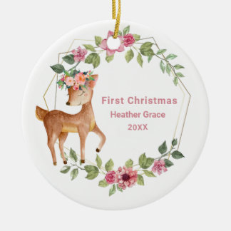 Babys Eerste Kerstmis Meisjes Herten Gepersonalise Keramisch Ornament