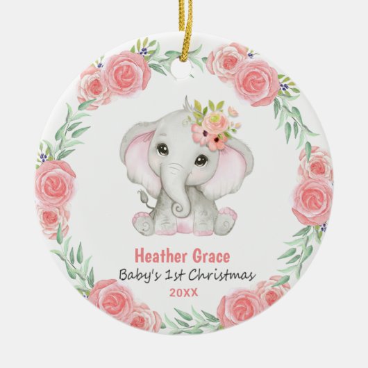 Babys Eerste Kerstmis Meisjes Olifant Gepersonalis Keramisch Ornament (Voorkant)