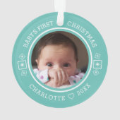 Baby's Eerste Kerstmis Modern 2 Foto Blauwgroen Ornament (achterkant)