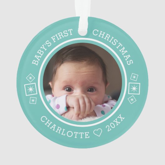 Baby's Eerste Kerstmis Modern 2 Foto Blauwgroen Ornament (achterkant)