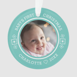 Baby's Eerste Kerstmis Modern 2 Foto Blauwgroen Ornament