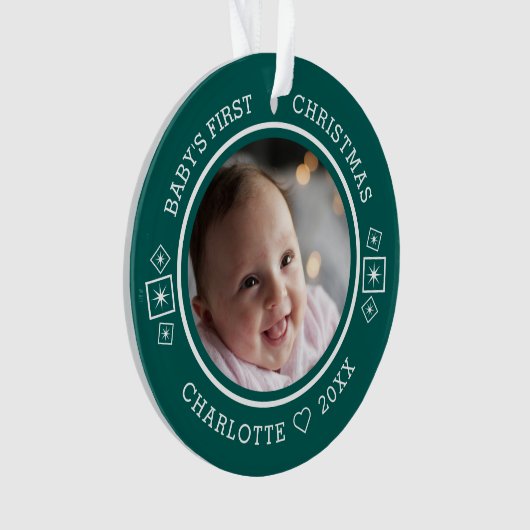 Baby's Eerste Kerstmis Modern 2 Foto Groen Ornament (voorkant)