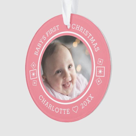 Baby's Eerste Kerstmis Modern 2 Foto Roze Ornament (voorkant)