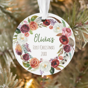Baby's eerste Kerstmis Moderne Floral Foto Ornament