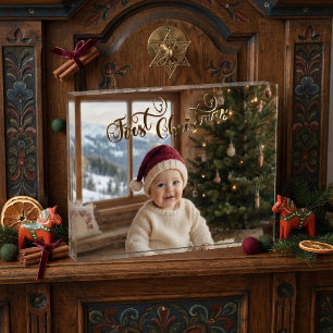 Baby's eerste kerstmis Noordse chalet Alpiene snee Fotoblokken