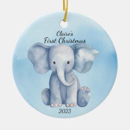 Baby's Eerste Kerstmis Olifant Blauw Gepersonalise Keramisch Ornament