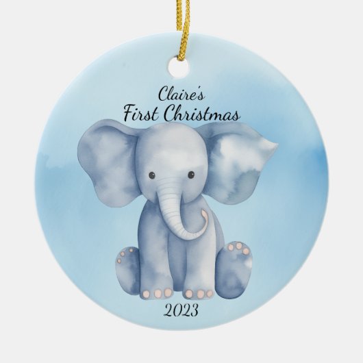 Baby's Eerste Kerstmis Olifant Blauw Gepersonalise Keramisch Ornament (Voorkant)