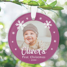 Baby's Eerste Kerstmis Paarse Sneeuwvlokken Foto Ornament