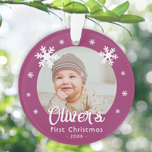 Baby's Eerste Kerstmis Paarse Sneeuwvlokken Foto Ornament