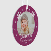 Baby's Eerste Kerstmis Paarse Sneeuwvlokken Foto Ornament (voorkant)