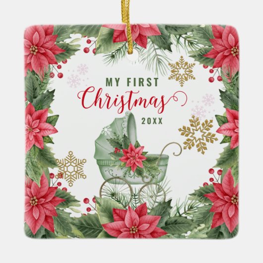 Baby's Eerste Kerstmis Poinsettia Aangepaste Foto Keramisch Ornament (Voorkant)