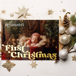 Baby's Eerste Kerstmis Retro Typografie 1 Foto Folie Feestdagenkaart